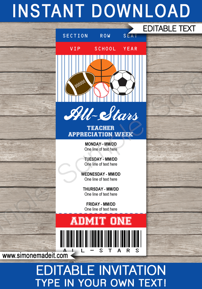 Printable All Star Teacher Appreciation Week Ticket Invitation or Schedule | Teacher's Day All Star Theme | Editable DIY Template | Instant Download via simonemadeit.com