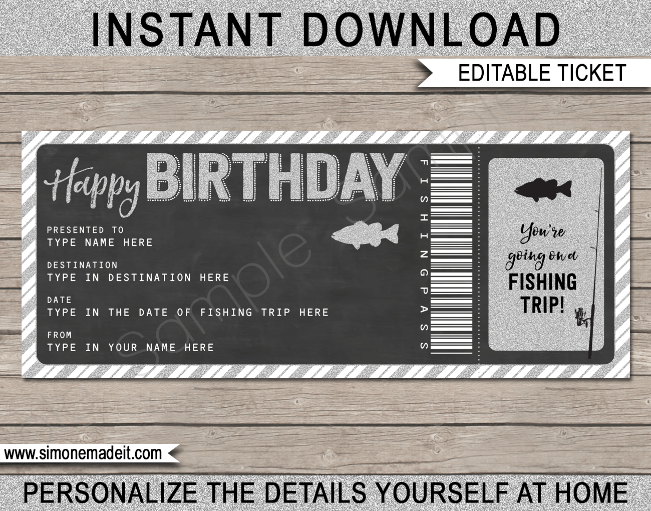 Surprise Fishing Trip Reveal ticket | Printable Birthday Fishing Pass | Birthday Present | Silver Glitter & Chalkboard | DIY Editable & Printable Template | Instant Download via simonemadeit.com