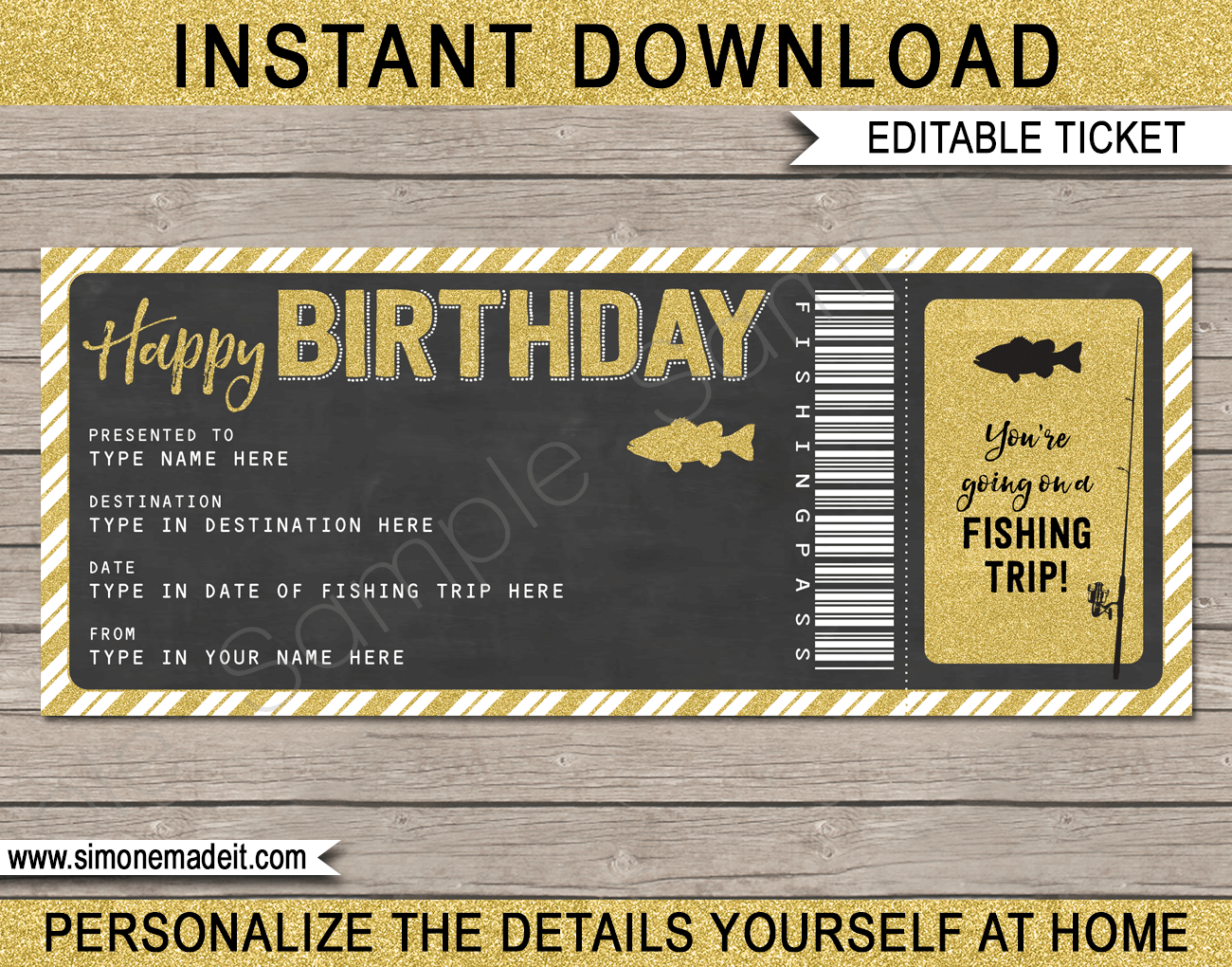 Printable Birthday Fishing Pass Ticket | Surprise Fishing Trip Reveal | Birthday Present | Gold Glitter & Chalkboard | DIY Editable & Printable Template | Instant Download via simonemadeit.com