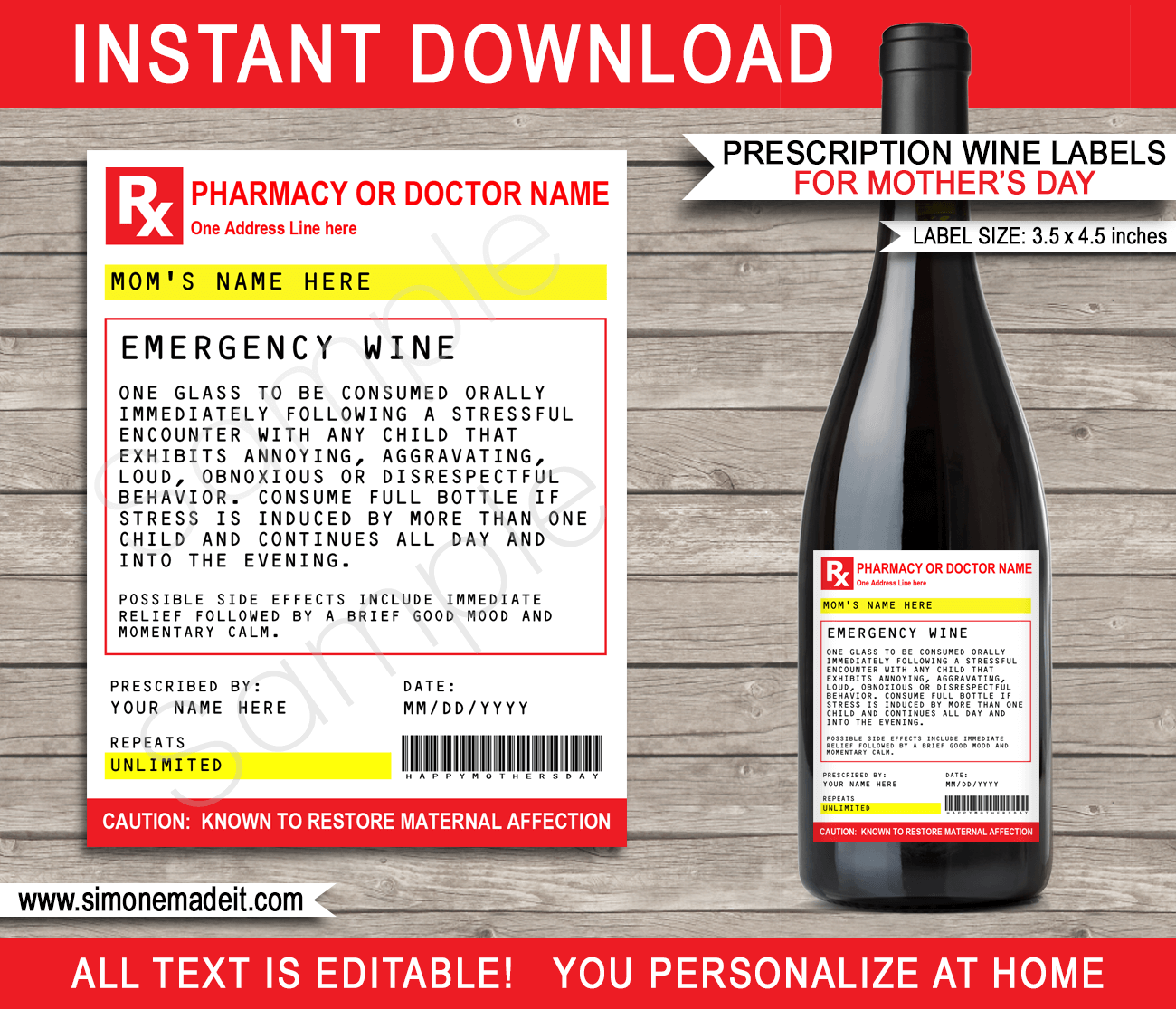 Printable Mothers Day Prescription Wine Bottle Labels template | Emergency Wine Gift for Mom | Mother's Day Gift | Funny Practical Joke Gag Gift for Mom | Last minute Gift | Birthday Gift | DIY Fake Pharmacy Rx Prescription Label | INSTANT DOWNLOAD via simonemadeit.com #giftformom #emergencywineformom #happymothersday #mothersdaygift