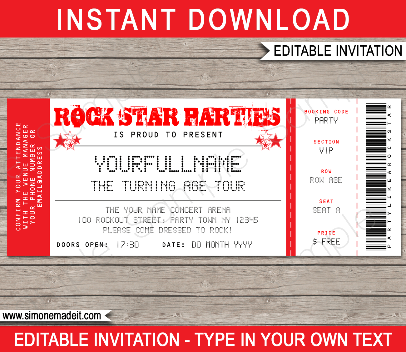 Printable Rock Star Party Ticket Invitations | Concert Ticket Invitations | DIY Editable Template | INSTANT DOWNLOAD via SIMONEmadeit.com