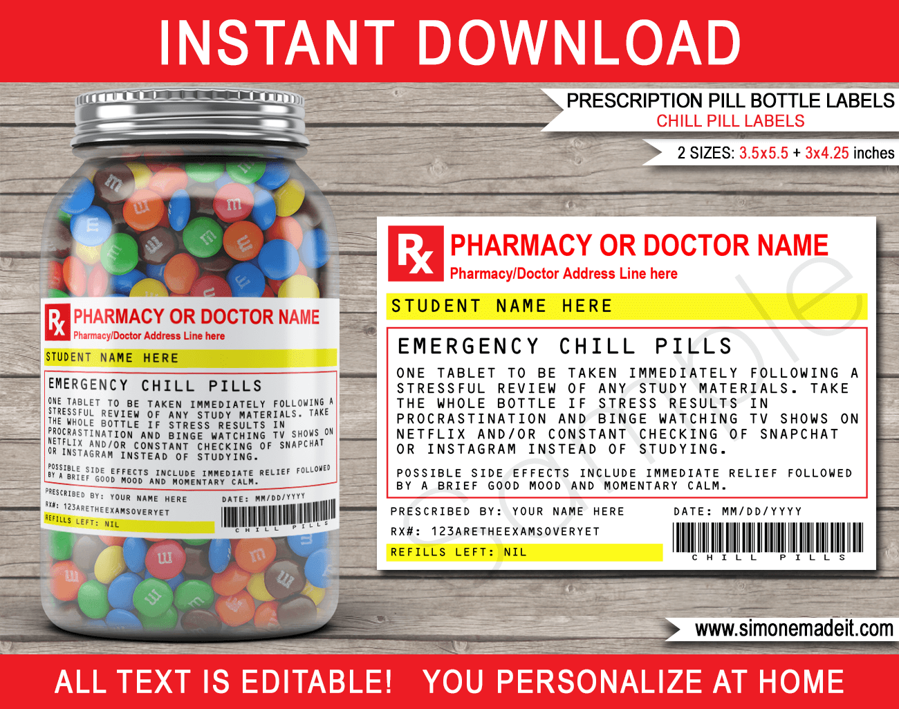 Prescription Student Chill Pills Label template Gag Gift Studying Exams