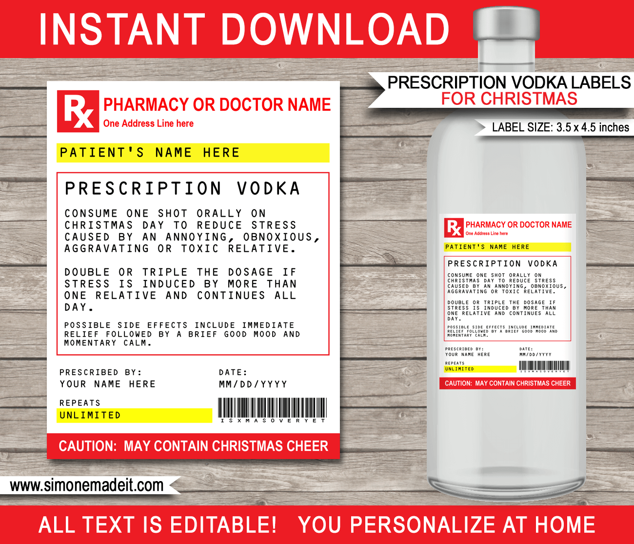 Printable Christmas Prescription Vodka Labels template | Christmas Gift | Secret Santa Gift | Kris Kringle Gift | Funny Prank Gag Gift | Xmas Practical Joke | Friends, Office Coworkers, Boss, Family | Emergency Vodka | DIY Fake Pharmacy Rx Prescription Label | INSTANT DOWNLOAD via simonemadeit.com