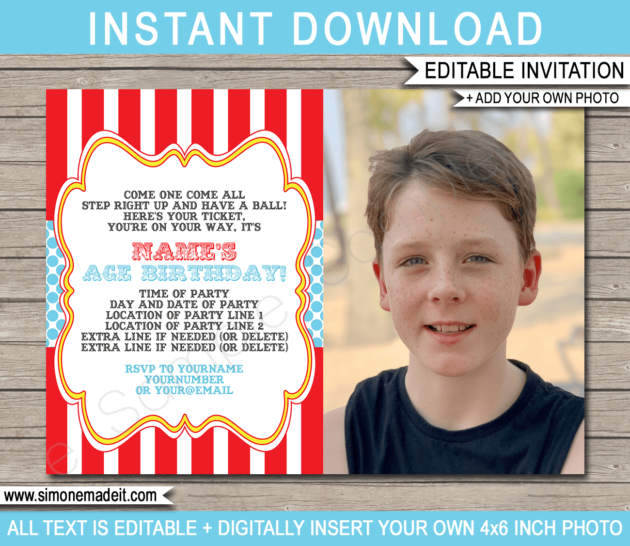 Printable Circus Photo Invitation Template | Circus Theme Birthday Party Invite | Editable & Printable Template | Instant Download via simonemadeit.com #circusinvitation #steprightup