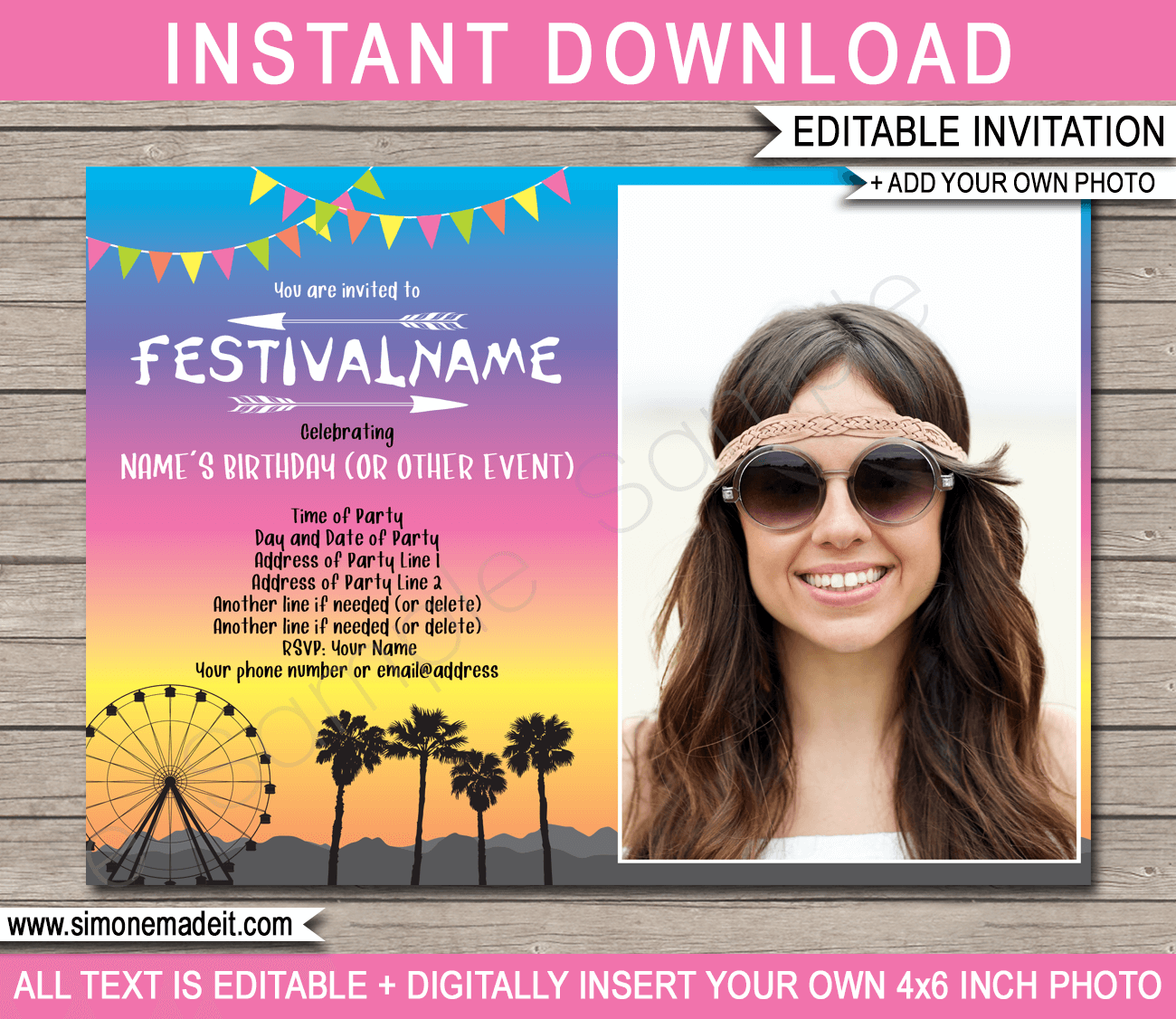 Printable Coachella Photo Invitation Template | Festival inspired invite | Kidchella, Fauxchella theme | Birthday Party, Music Festival, Carnival, Fair, Fete | Editable & Printable Template | Instant Download via simonemadeit.com #Festivalinvitation