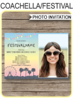 Printable Coachella Themed Birthday Invitations Template with photo | Coachella inspired invite | Kidchella, Fauxchella | Birthday Party, Music Festival, Carnival, Fair, Fete | Editable & Printable Template | Instant Download via simonemadeit.com #coachellainvitation