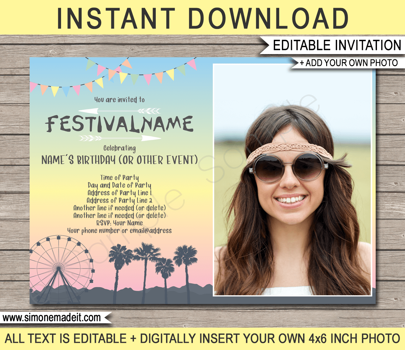 Printable Coachella Themed Birthday Photo Invitation Template | Festival inspired invite | Kidchella, Fauxchella | Birthday Party, Music Festival, Carnival, Fair, Fete | Editable & Printable Template | Instant Download via simonemadeit.com #Festivalinvitation