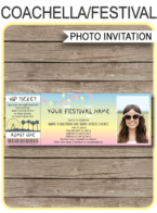 Printable Coachella Photo Ticket Invitation | Coachella Theme | Festival Birthday Invite | Kidchella, Fauxchella | Music Festival, Fete, Gala, Fair, Carnival | Editable & Printable Template | Instant Download via simonemadeit.com #coachellainvites #coachellainvitation