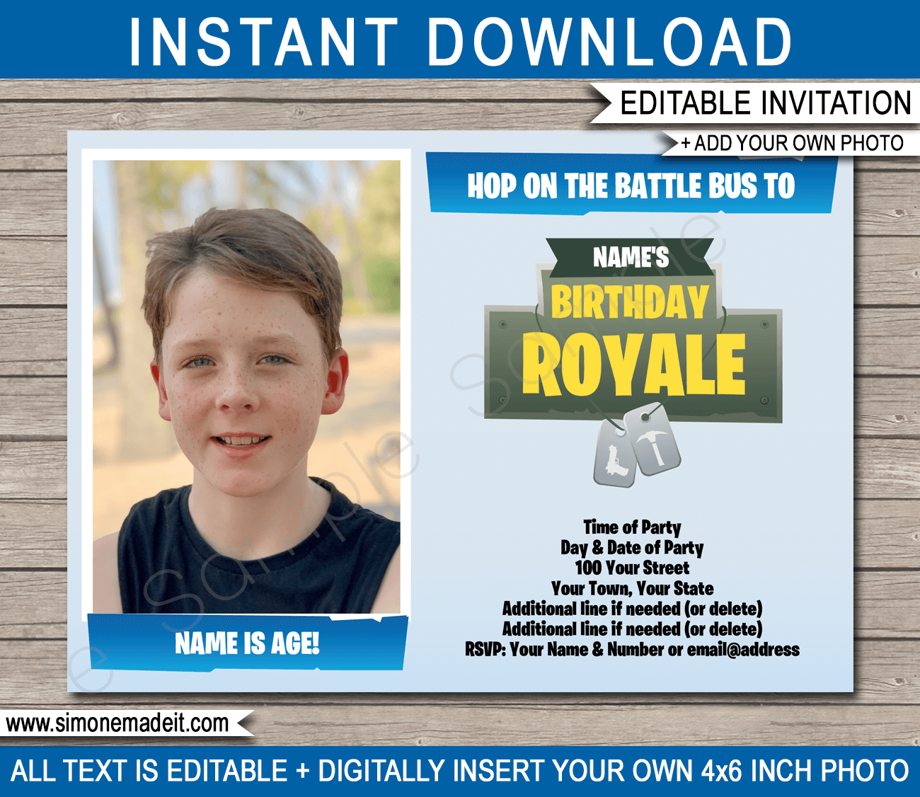 Printable Fortnite Birthday Photo Invitation Template | Fortnite inspired invite | Hop on the Battle Bus | Battle Royale | Game Bus | Birthday Party | Editable & Printable Template | Instant Download via simonemadeit.com #fortniteinvitation