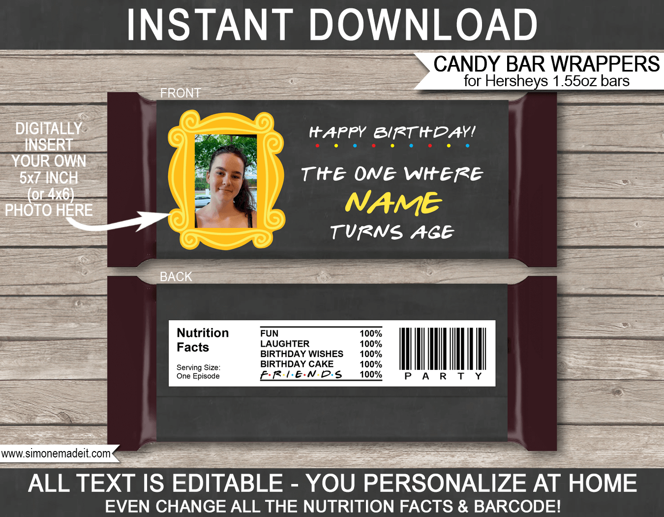 Printable Friends TV Show Hershey Candy Bar Wrappers | The One Where .. has a Birthday Episode | Chocolate Bar Labels | Friends Theme | TV Series | Personalized Candy Bars | Birthday Party Favors | Editable Template | INSTANT DOWNLOAD via simonemadeit.com
