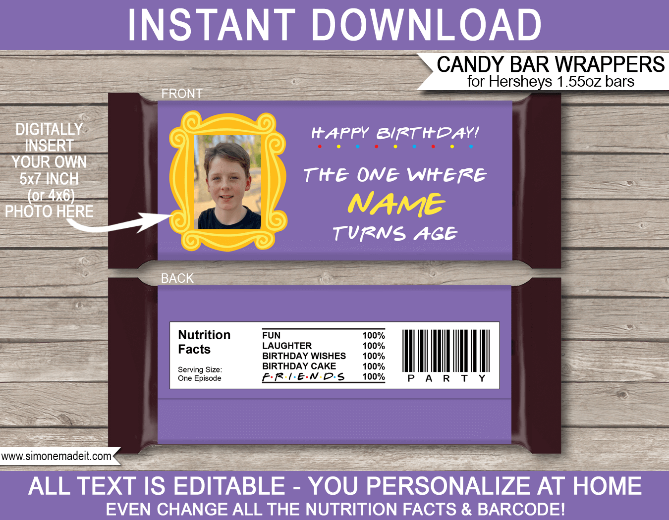 Printable Friends Theme Birthday Candy Bar Wrappers | The One Where has a Birthday Episode | Printable Hershey Chocolate Bar Labels | Friends TV Series | Personalized Candy Bars | Birthday Party Favors | Editable Template | INSTANT DOWNLOAD via simonemadeit.com