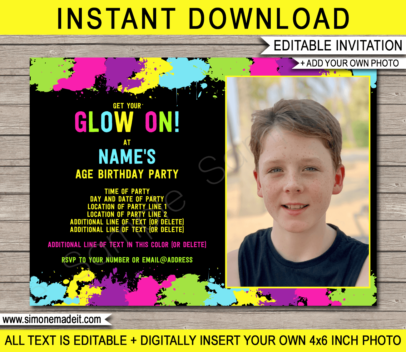 Printable Neon Glow Photo Invitation Template | Neon Glow Birthday Party Invite | Neon Glow Theme Party Printables | Editable & Printable Template | Instant Download via simonemadeit.com