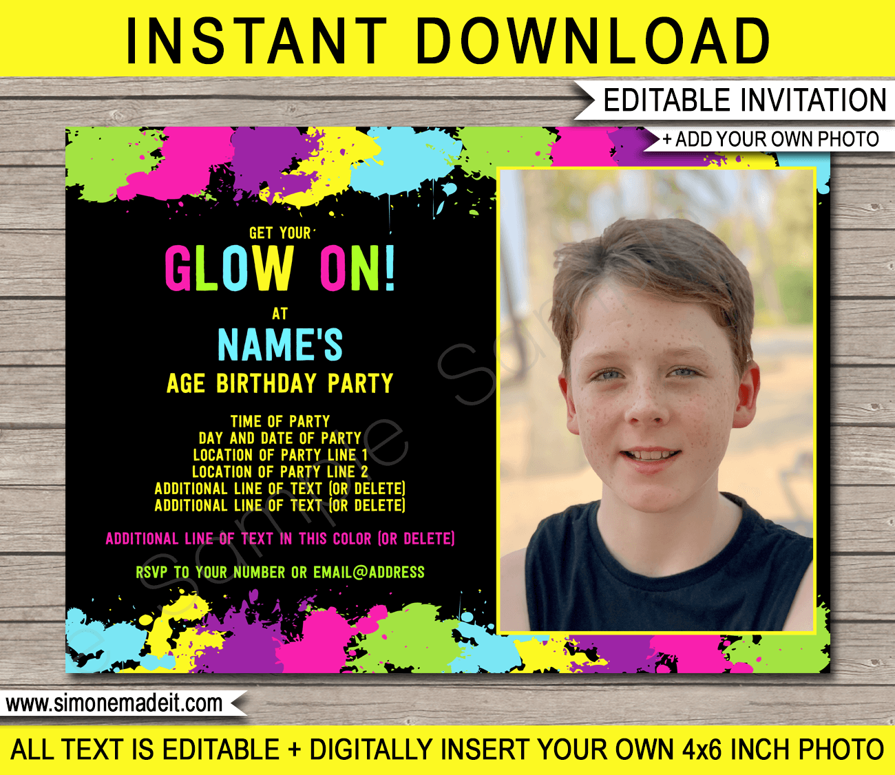 Neon Glow Photo Invitation Template | Glow Theme Birthday ...