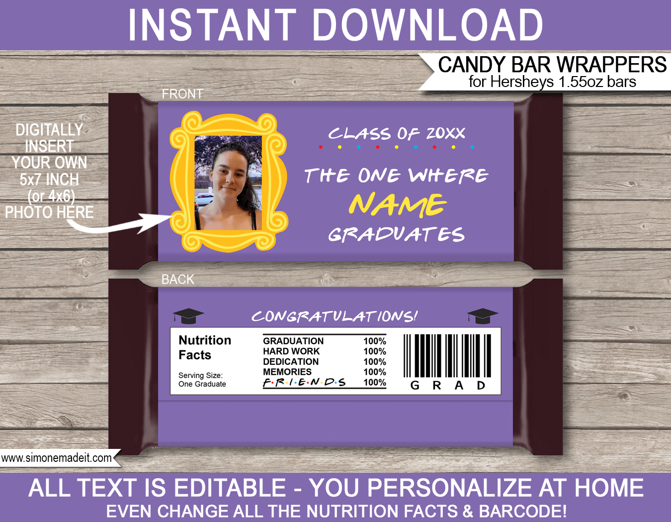 Friends TV Show Graduation Candy Bar Wrappers | The One Where ... Graduates | Printable Hershey Candy Bars Label | Chocolate Bars | Friends TV Series Episode | Personalized Candy Bars | Graduation Party Gift | Editable Template | INSTANT DOWNLOAD via simonemadeit.com | INSTANT DOWNLOAD via simonemadeit.com