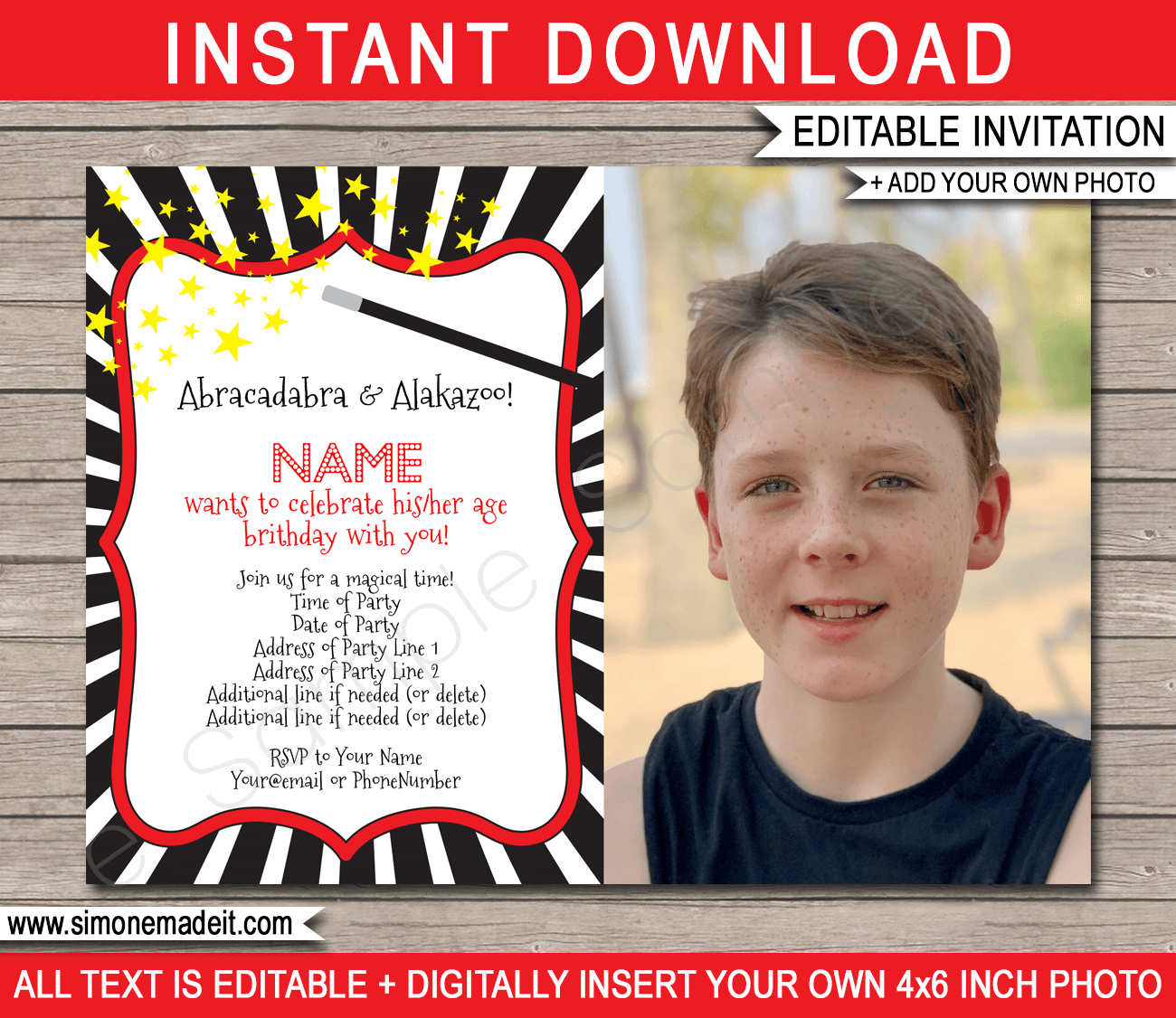 Printable Magic Birthday Photo Invitation Template | Magic Party invite | Magic Theme Party Printables | Editable & Printable Template | Instant Download via simonemadeit.com