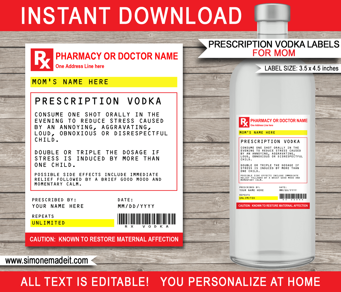 Printable Mom Prescription Vodka Labels template | Mothers Day Gift | Birthday Gift | Apology Gift | Christmas Gift | Funny Gag Gift | Practical Joke | Emergency Vodka | DIY Fake Pharmacy Rx Prescription Label | INSTANT DOWNLOAD via simonemadeit.com