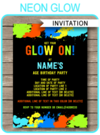 Printable Neon Glow Birthday Invitations Template | Editable & Printable DIY Template | Blacklight, Fluoro, Neon Glow Theme Party | INSTANT DOWNLOAD via simonemadeit.com