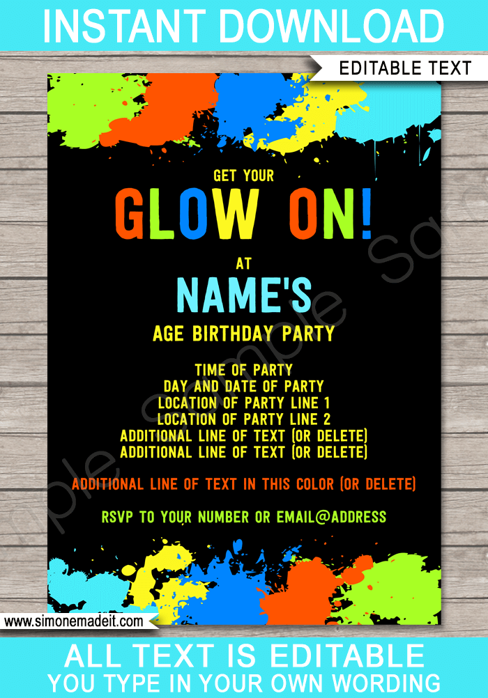 Neon Glow Birthday Invitation Template for boys | Editable & Printable DIY Template | Glow in the Dark, Blacklight, Fluoro, Neon Theme Party | INSTANT DOWNLOAD via simonemadeit.com
