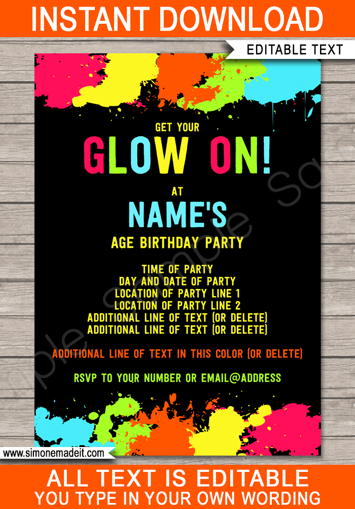 Neon Glow Birthday Party Invite Template | Editable & Printable DIY Template | Blacklight, Fluoro, Neon Glow Theme | INSTANT DOWNLOAD via simonemadeit.com