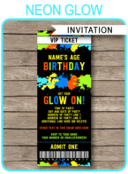Neon Glow Birthday Ticket Invitation Template | Editable & Printable DIY Template | Neon Glow Theme Birthday Party | Fluoro | INSTANT DOWNLOAD via simonemadeit.com