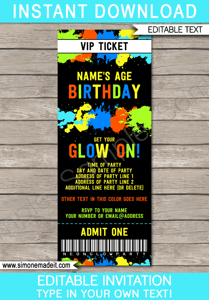 Neon Glow Birthday Ticket Invitation Template | Editable & Printable DIY Template | Neon Glow Theme Birthday Party | Fluoro | INSTANT DOWNLOAD via simonemadeit.com