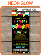 Printable Neon Glow Birthday Party Ticket Invite template | Editable & Printable DIY Template | Neon Glow Theme | Blacklight, Glow in the Dark, Fluoro | INSTANT DOWNLOAD via simonemadeit.com