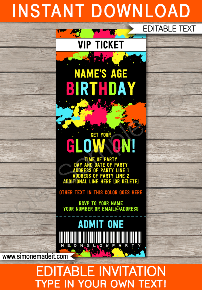 Printable Neon Glow Birthday Party Ticket Invite template | Editable & Printable DIY Template | Neon Glow Theme Birthday Party | Blacklight or Fluoro Theme | INSTANT DOWNLOAD via simonemadeit.com