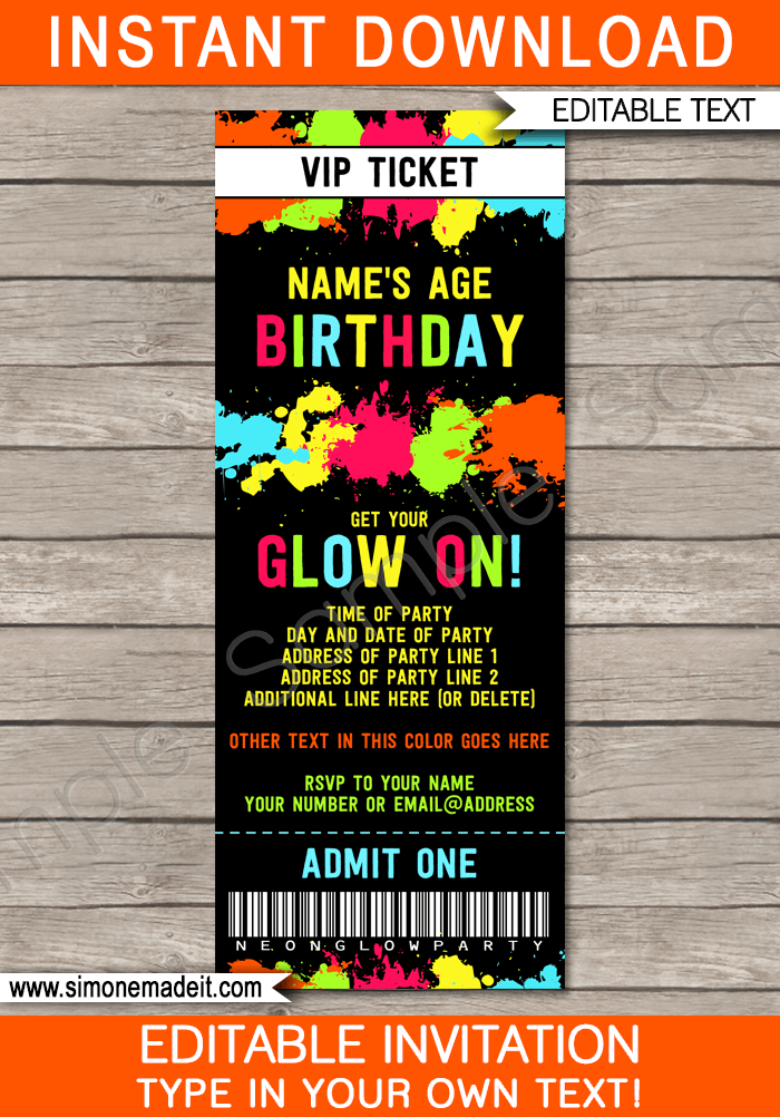 Neon Glow Birthday Party Ticket Invite Template | Neon Glow Invitation