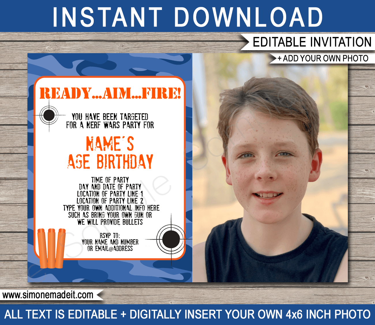 Printable Nerf Photo Invitation Template | Nerf Birthday Party Invite with blue camo | Nerf Theme Party Printables | Editable & Printable Template | Instant Download via simonemadeit.com"