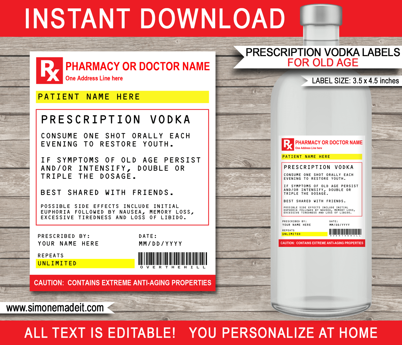 Old Age Prescription Vodka Labels Printable Fake Pharmacy Label Gag Gift