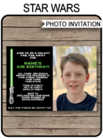 Printable Star Wars Photo Invitation Template | Star Wars inspired invite | Green Lightsaber | Birthday Party | Editable & Printable Template | Instant Download via simonemadeit.com #maytheforcebewithyou #starwarsinvitation