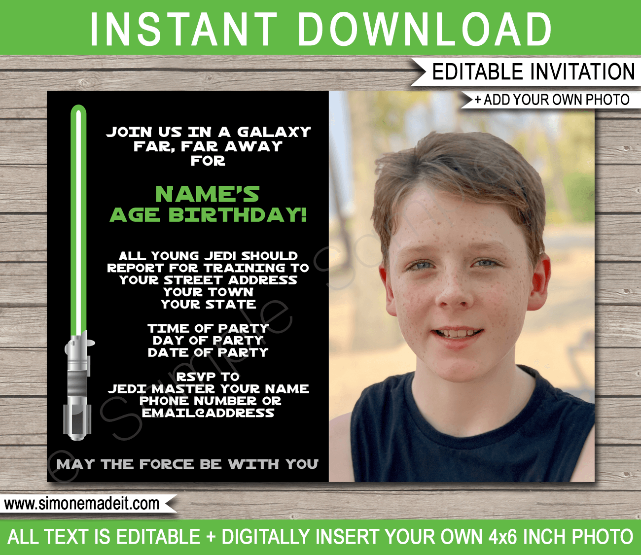 Printable Star Wars Photo Invitation Template | Star Wars inspired invite | Green Lightsaber | Birthday Party | Editable & Printable Template | Instant Download via simonemadeit.com #maytheforcebewithyou #starwarsinvitation