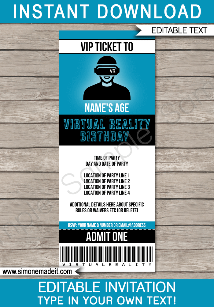 Printable Virtual Reality Birthday Party Ticket Invitation Template | VR Theme Invite | DIY Editable & Printable Template | Instant Download via simonemadeit.com
