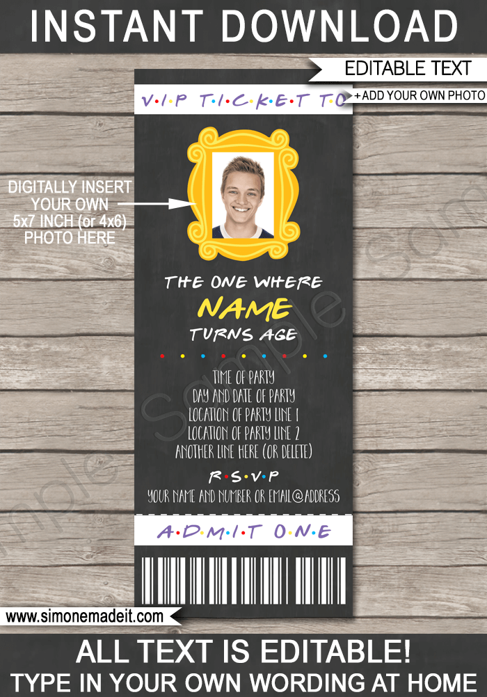 Friends Themed Birthday Party Ticket Invitation Template with photo | Friends TV Show Invitation | The One Where ... Episode | Editable & Printable Template | Instant Download via simonemadeit.com