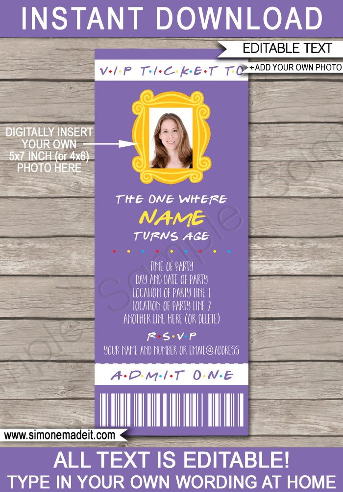 Printable Friends TV Show Birthday Ticket Invitation Template with photo | Friends Theme TV Series Invite | The One Where ... Turns Age Episode | Editable Template | Instant Download via simonemadeit.com