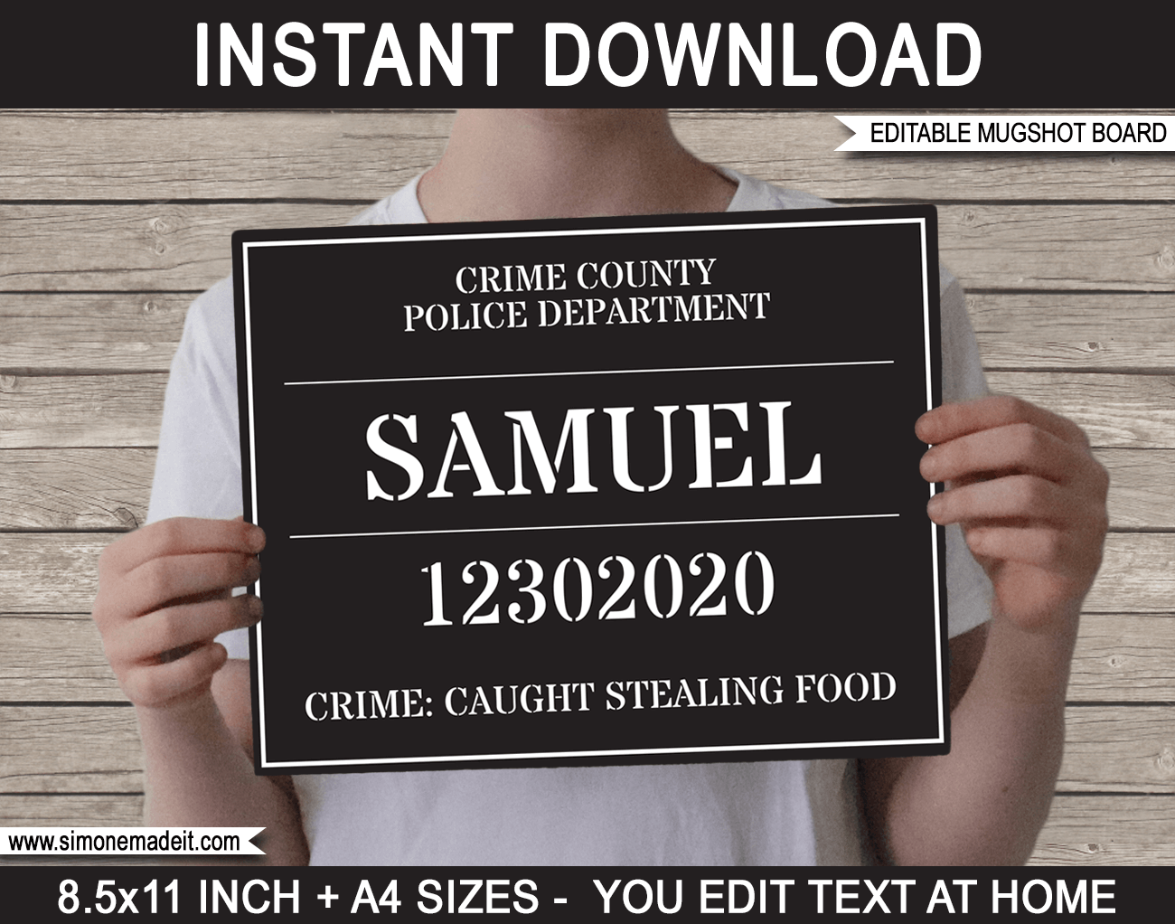Mugshot Sign Board - Printable Photo Booth Prop - Mug Shot Board - Police Birthday Party, Murder Mystery, Cops & Robbers, Stag, Bachelor Party, Spy Party, CSI - INSTANT DOWNLOAD with Editable text via simonemadeit.com