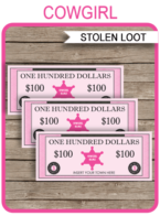 Printable Cowgirl Stolen Loot | Pretend Play Money Bucks Bank Notes | Sheriff Badges | Printable Party Games | Cowgirl Themed Birthday Party | Editable DIY Template | Instant Download via SIMONEmadeit.com