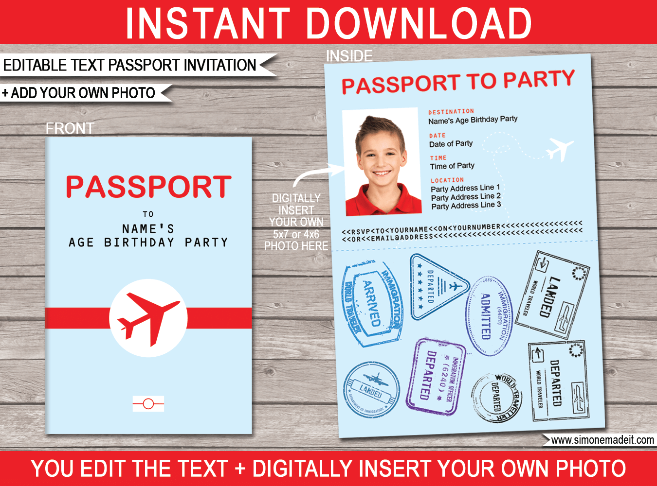 Airplane Passport Invitation Template with Photo | Airplane Theme Birthday Party Printables | Kids Passport Invite | Editable & Printable DIY Template | INSTANT DOWNLOAD via simonemadeit.com