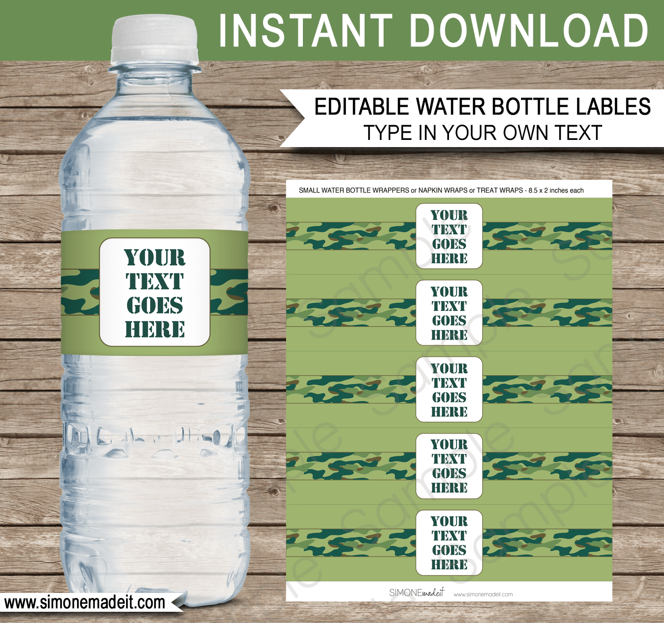 Editable Army Party Water Bottle Labels | Camo Army Birthday Party | Printable Decorations | DIY Template | INSTANT DOWNLOAD via SIMONEmadeit.com