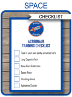 Printable Astronaut Training Checklist Template for kids | Space Theme Birthday Party Games Activities | DIY Editable Template | $3.00 INSTANT DOWNLOAD via simonemadeit.com