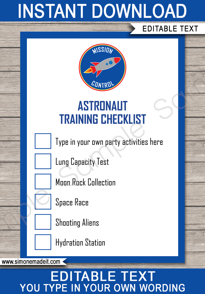 Space Party Astronaut Training Checklist Printable Template for kids | Space Theme Birthday Party Games Activities | DIY Editable Template | $3.00 INSTANT DOWNLOAD via simonemadeit.com