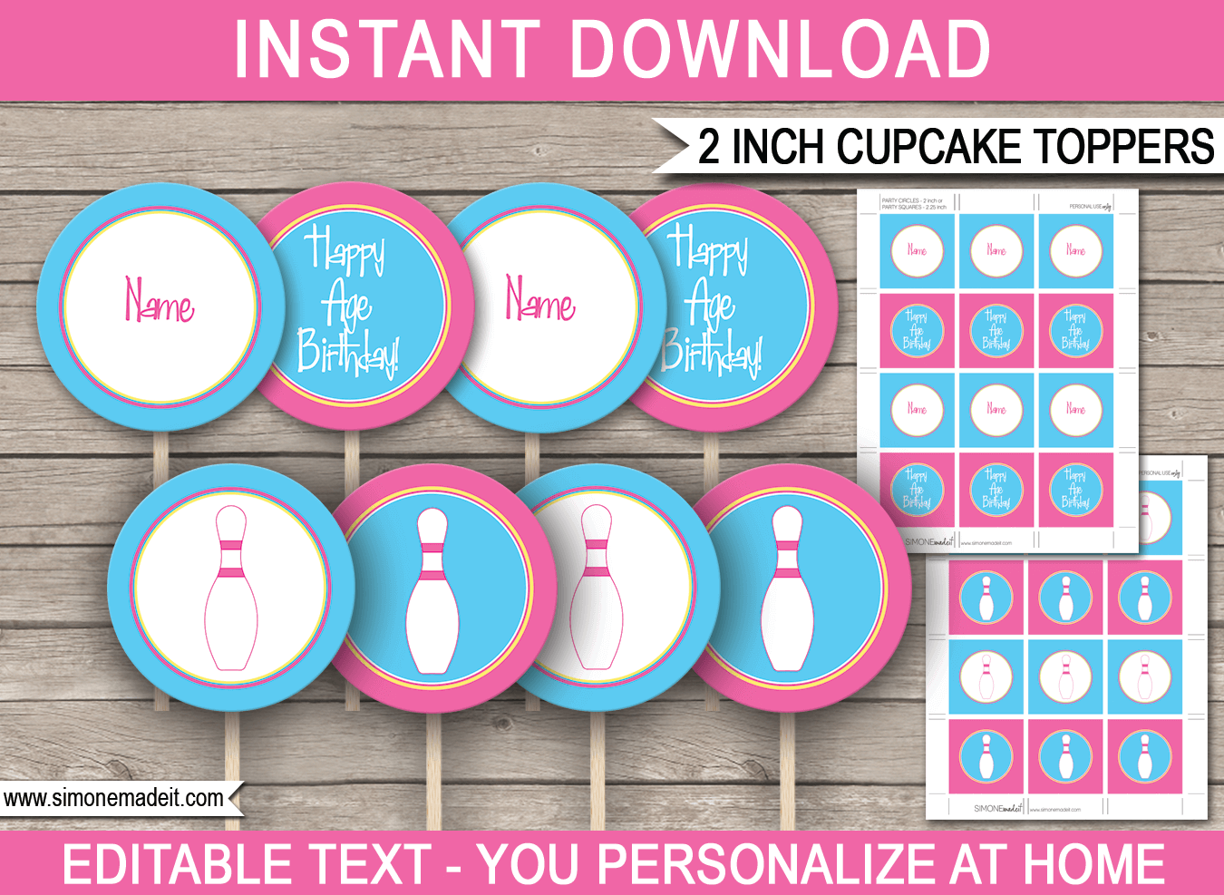 Printable Pink Bowling Birthday Party Cupcake Toppers | 2 inch | Gift Tags | DIY Editable & Printable Template | INSTANT DOWNLOAD via simonemadeit.com