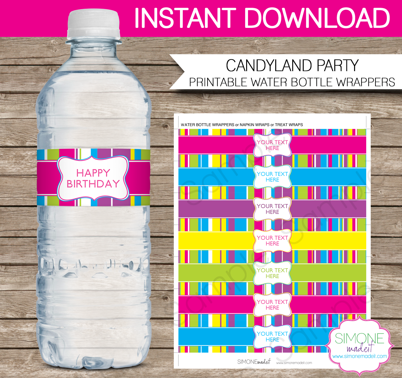 Printable Colorful Birthday Party Water Bottle Labels Template | Napkin Wraps | Treat Wraps | DIY Editable | INSTANT DOWNLOAD via simonemadeit.com