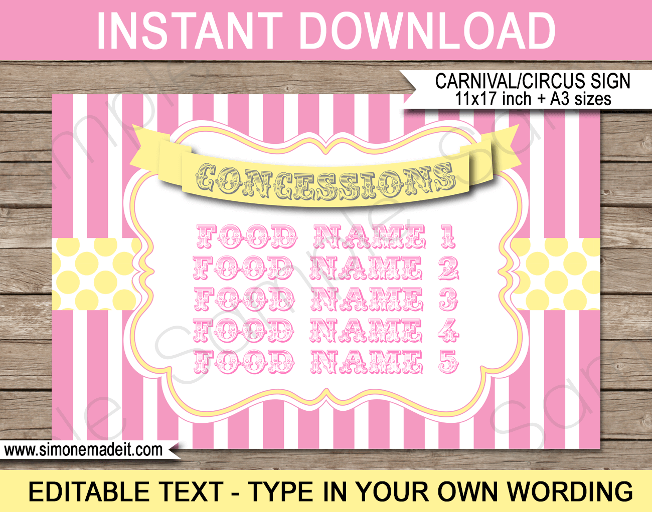 Printable Pink & Yellow Carnival Party Concessions Signs | Editable Text | Editable DIY Template | Circus Theme Party Decorations | $4.00 Instant Download via SIMONEmadeit.com