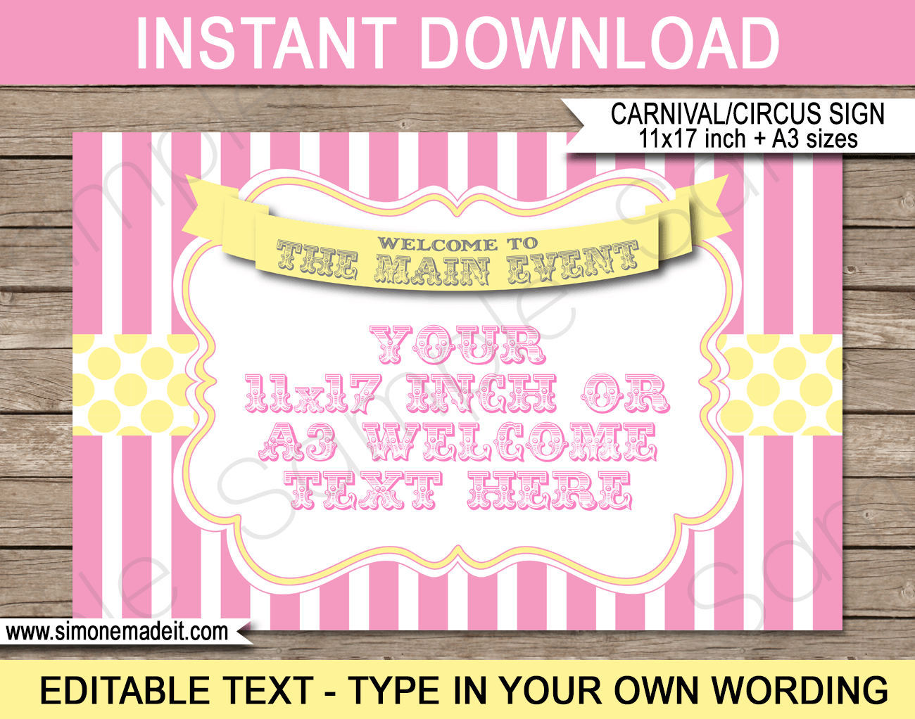 Printable Pink & Yellow Carnival Party Welcome Signs | Editable Text | DIY Template | Circus Theme Party Decorations | $4.00 Instant Download via SIMONEmadeit.com