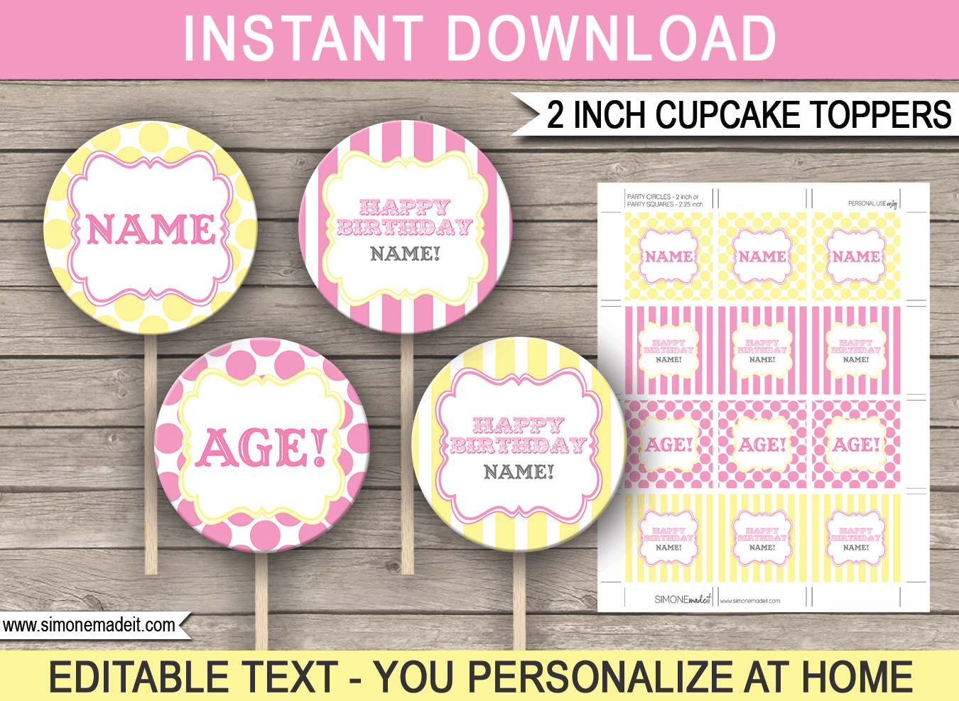Printable Pink & Yellow Carnival Party Cupcake Toppers | Circus Theme Decorations | 2 inch | Gift Tags | DIY Editable & Printable Template | INSTANT DOWNLOAD via simonemadeit.com