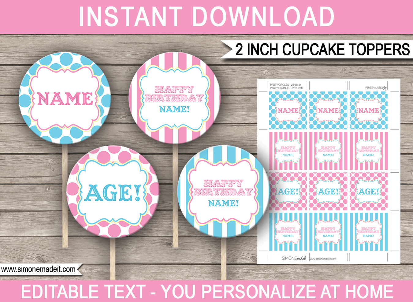 Printable Carnival Birthday Cupcake Toppers Template | Carnival or Circus Theme Decorations | 2 inch | Gift Tags | INSTANT DOWNLOAD via simonemadeit.com