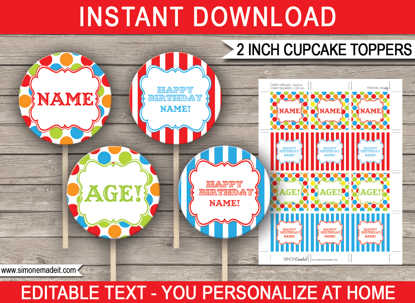 Printable Carnival Cupcake Toppers Template | Carnival or Circus Theme Decorations | 2 inch | Gift Tags | INSTANT DOWNLOAD via simonemadeit.com