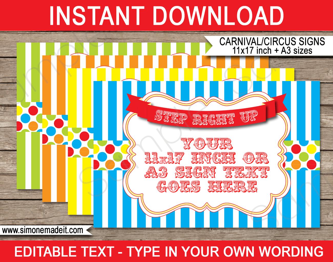 Printable Carnival Game Signs | Editable Text | Editable DIY Template | Circus Theme Party Decorations | $4.00 Instant Download via SIMONEmadeit.com