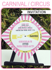 Printable Carnival Party Spinner Wheel Invitation Template | Unique Circus Party Invite | Pink and Yellow | Birthday Party | Editable DIY Theme Template | INSTANT DOWNLOAD $7.50 via SIMONEmadeit.com